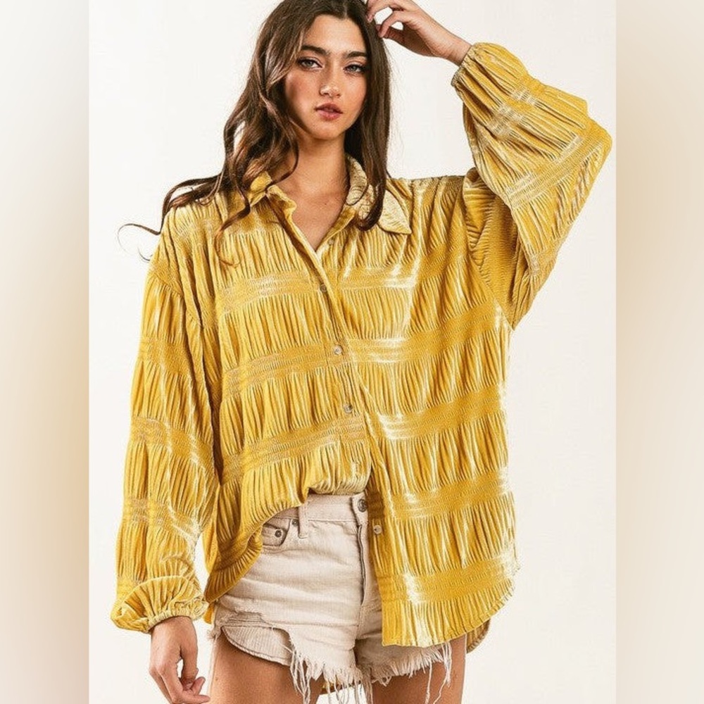 Bibi Gold Velvet Button Down Shirt Oversized Wrinkle Effect Top Mustard NWT